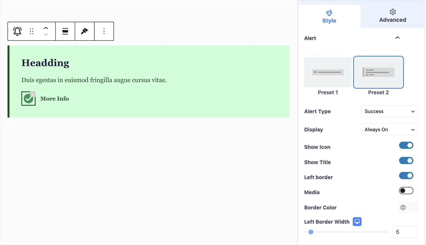 Alert block preset and options