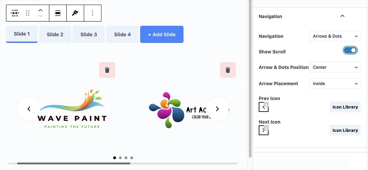 Navigation settings in logo slider block