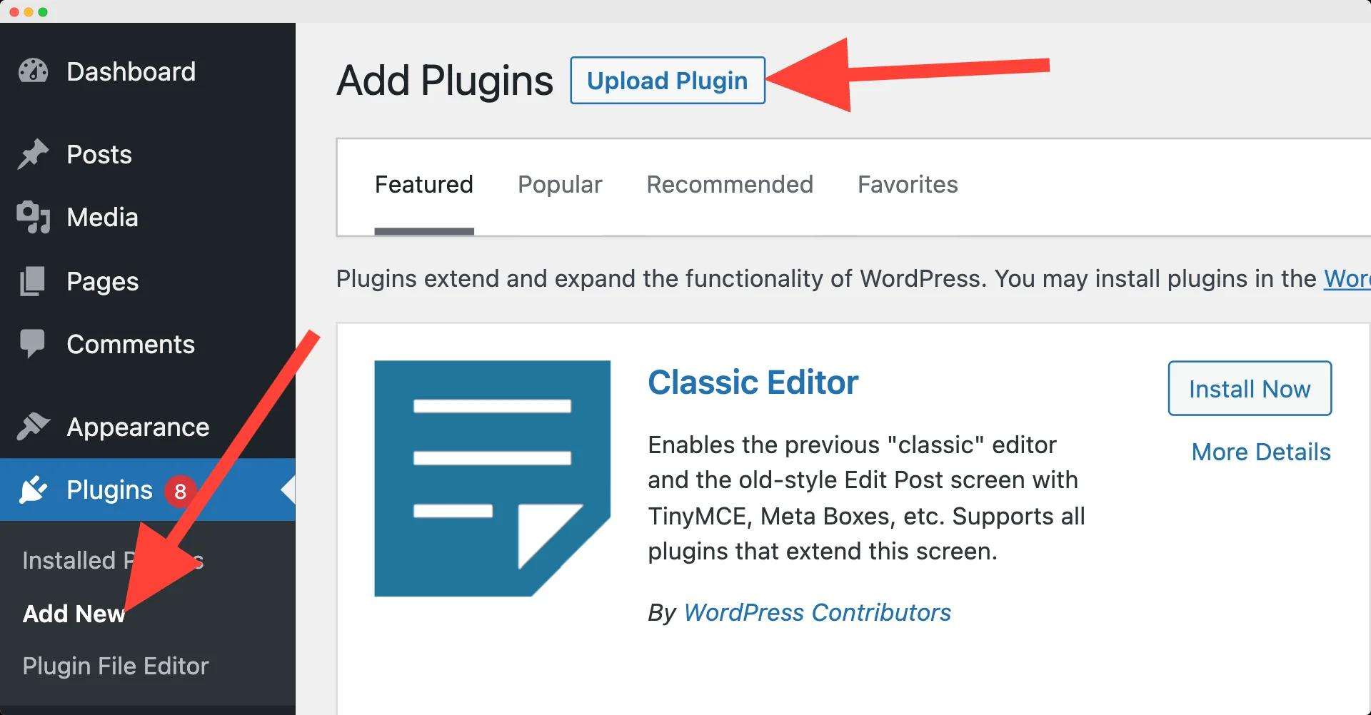 Add new plugin and then upload